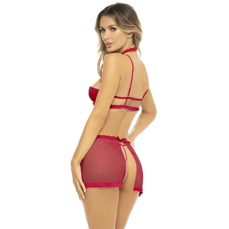 Ensemble 3 pièces rouge, soutien gorge, jupette et string
