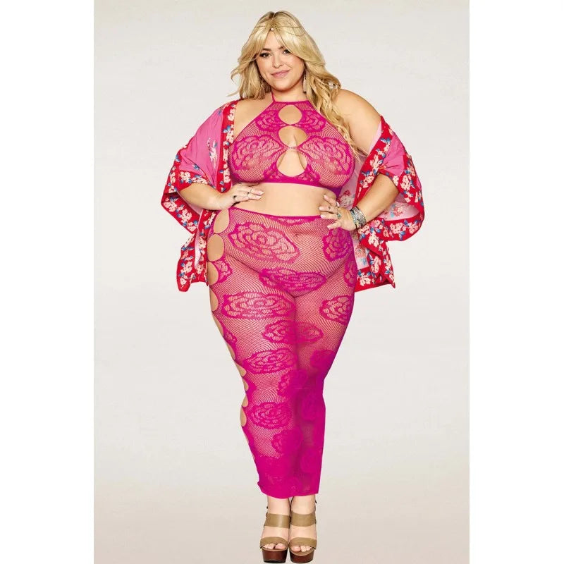 Ensemble Soutien-gorge et jupe longue en filet rose