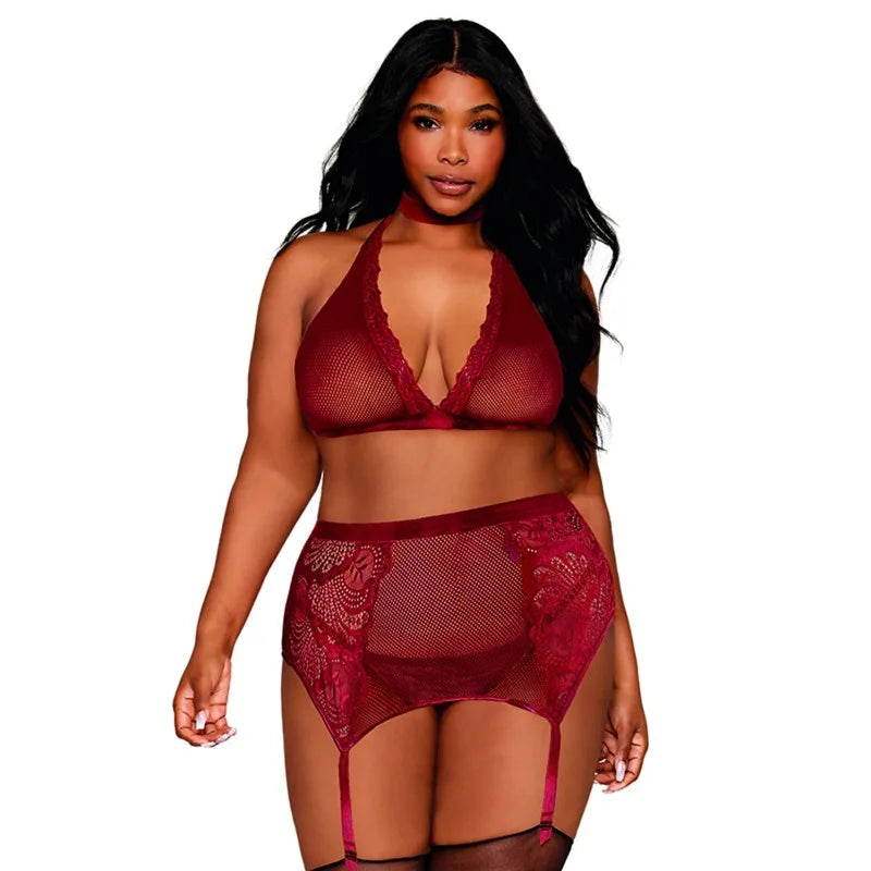 Ensemble 4 pièces grande taille soutien gorge, tour de cou, string et porte jarretelles rouge