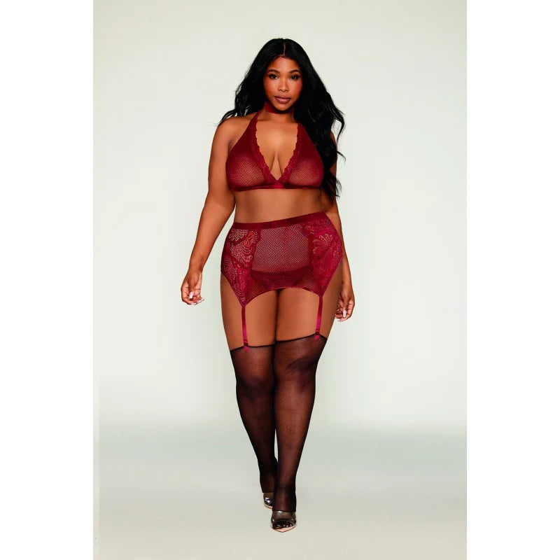 Ensemble 4 pièces grande taille soutien gorge, tour de cou, string et porte jarretelles rouge