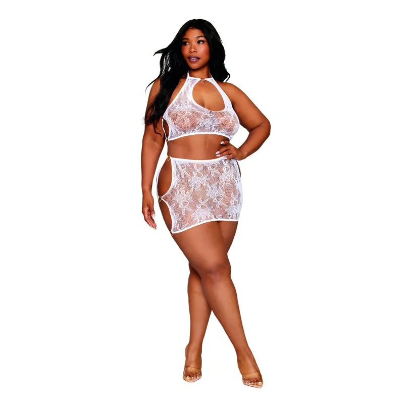 Ensemble 2 pièces grande taille top et jupe en résille fantaisie blanche