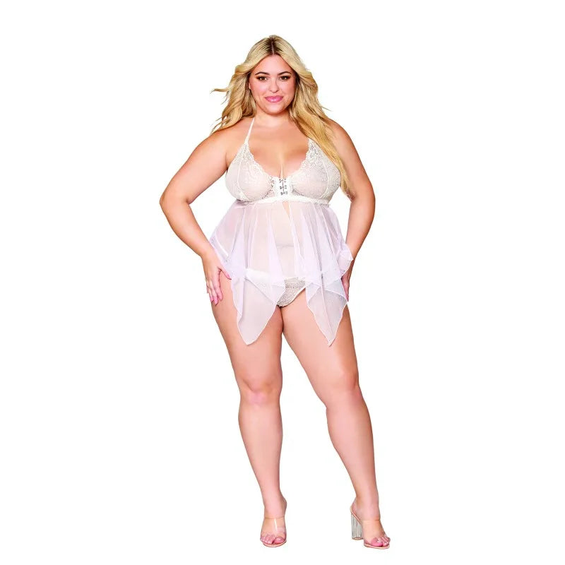 Babydoll et string grande taille en résille et dentelle blanche