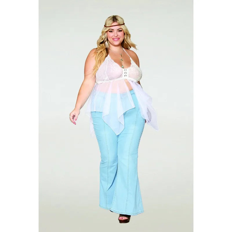 Babydoll et string grande taille en résille et dentelle blanche