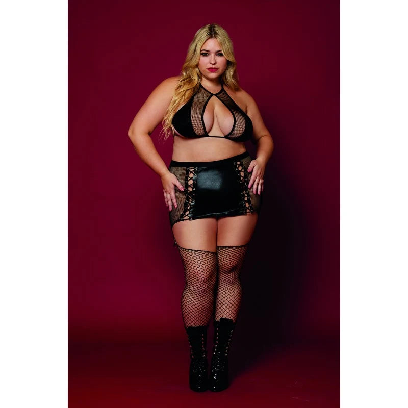 Soutien gorge et jupe porte jarretelles grande taille en résille et simili cuir