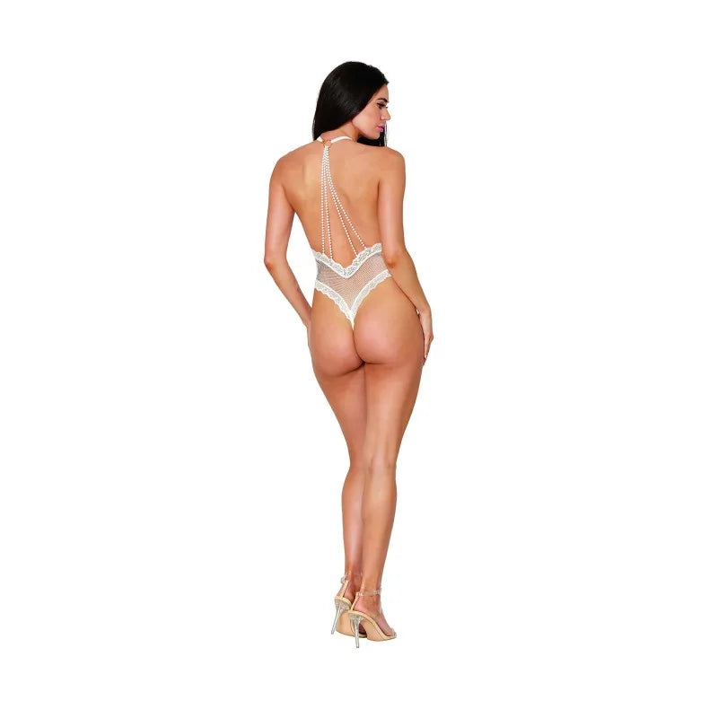 Body blanc résille et dentelle avec perles dans le dos