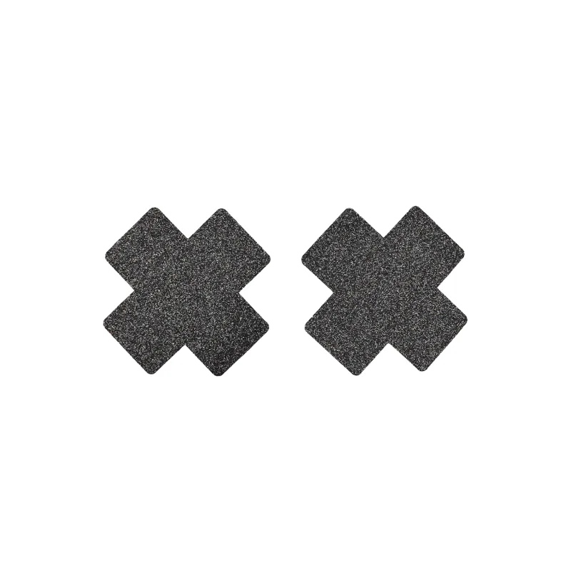 Paire de cache tétons adhésifs croix pailletée noir