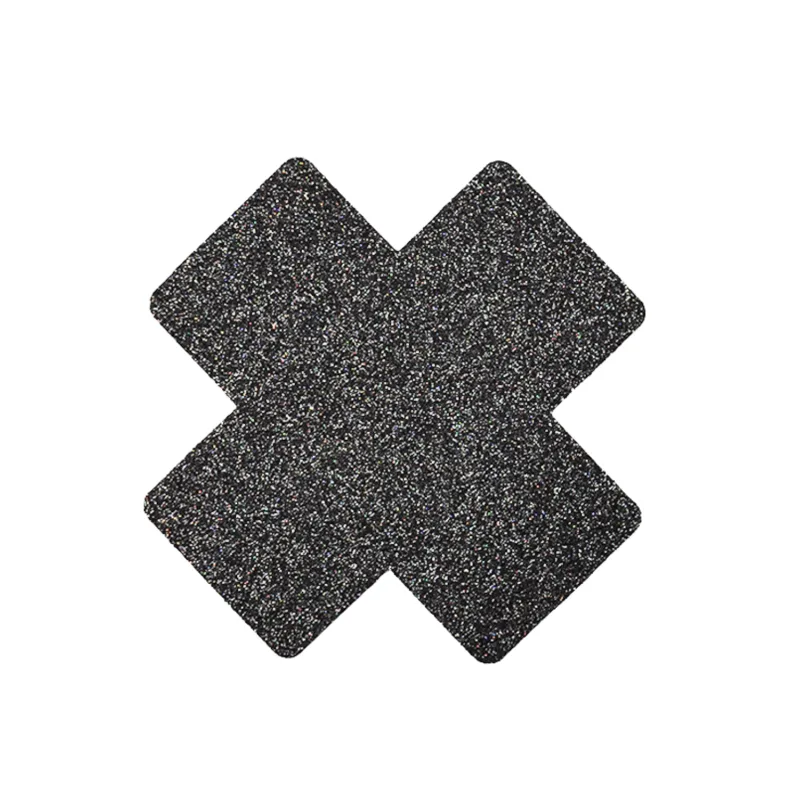 Paire de cache tétons adhésifs croix pailletée noir