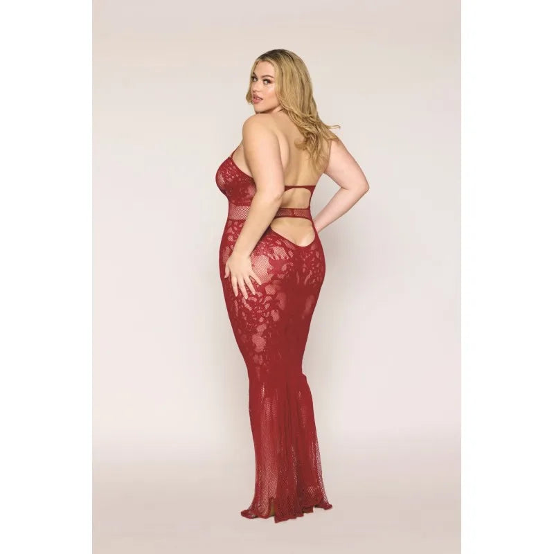 Nuisette longue grande taille en résille rouge