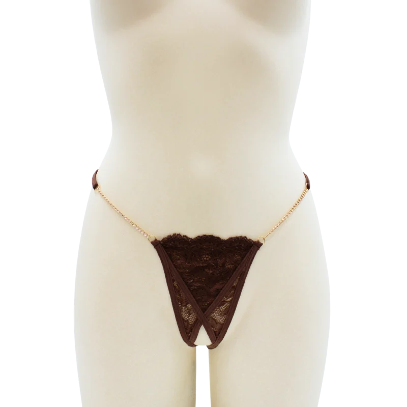 String en dentelle marron ouvert avec chaînes dorées