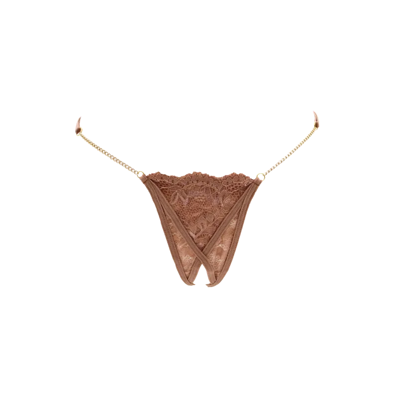 String en dentelle taupe ouvert avec chaînes dorées