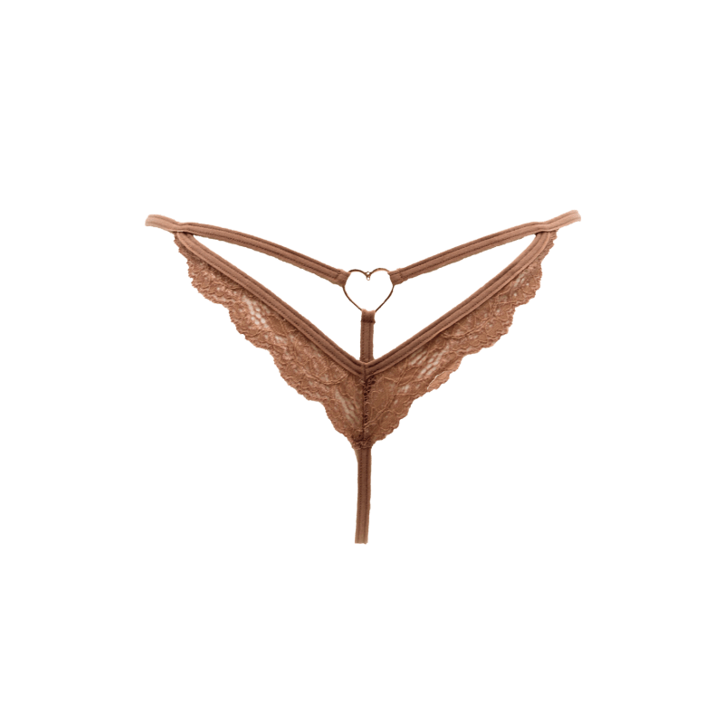 String taupe en dentelle avec bijou cœur doré