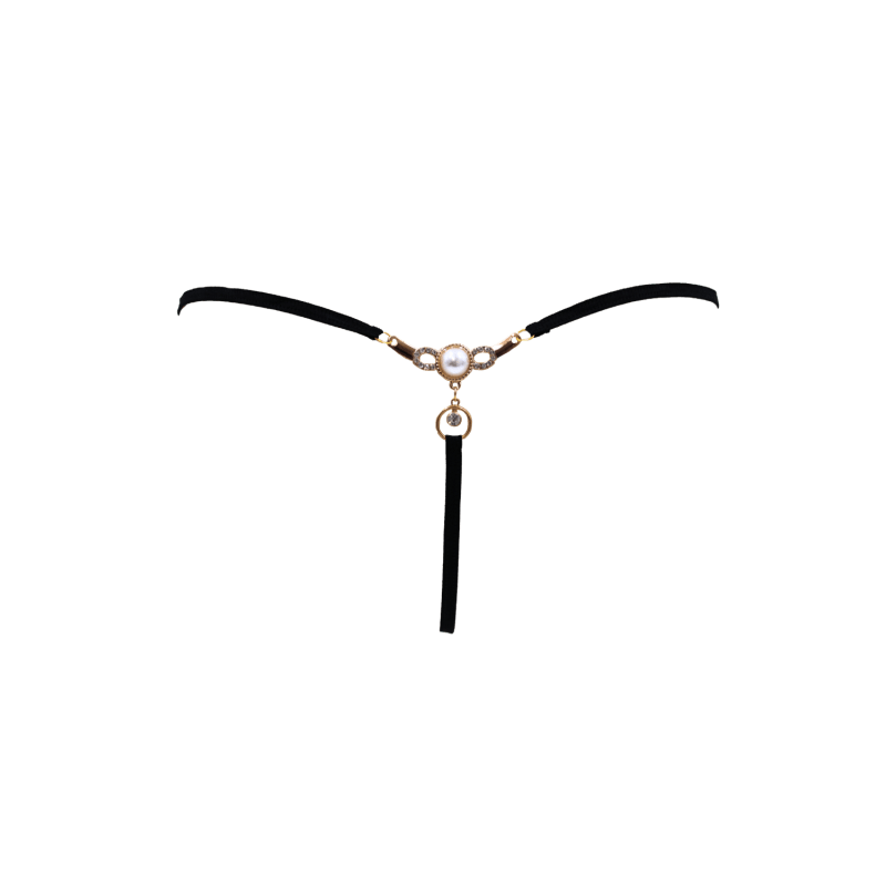 String noir avec bijou perle &amp; strass dorés
