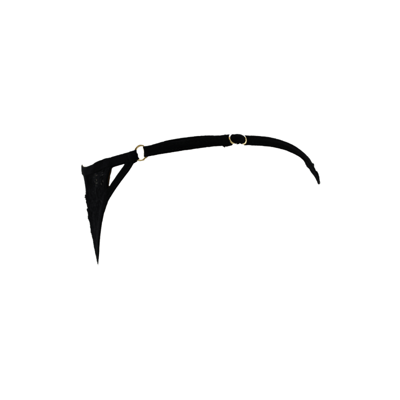 Tanga noir en dentelle avec bijou losanges dorés