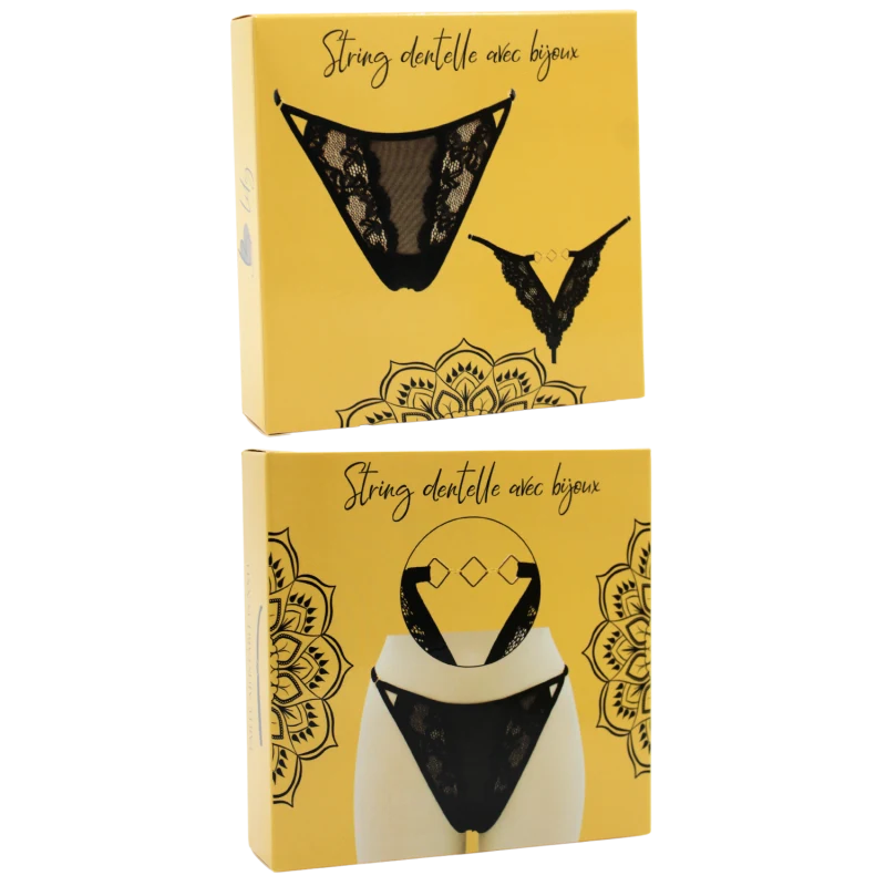 Tanga noir en dentelle avec bijou losanges dorés
