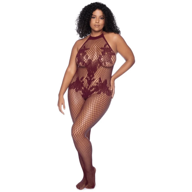 Combinaison grande taille en résille couleur cerise