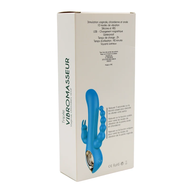 Vibromasseur rabbit bleu avec chapelet vibrant