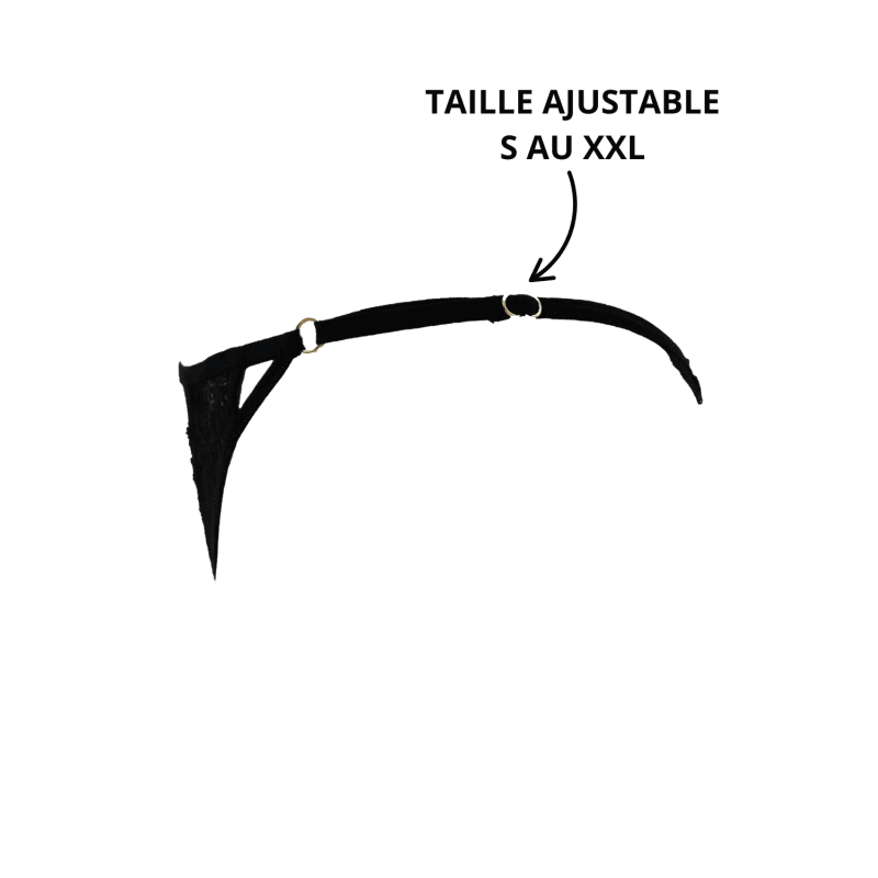Tanga noir en dentelle avec bijou losanges dorés