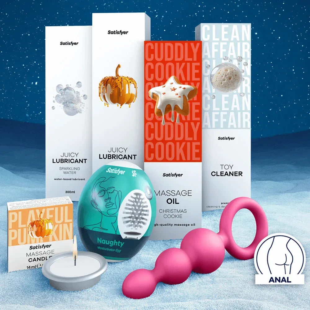 Lubrifiant intime à l'eau pétillante, kit massage Cuddly Cookie, Naughty Masturbator Egg, et bougies sensuelles.