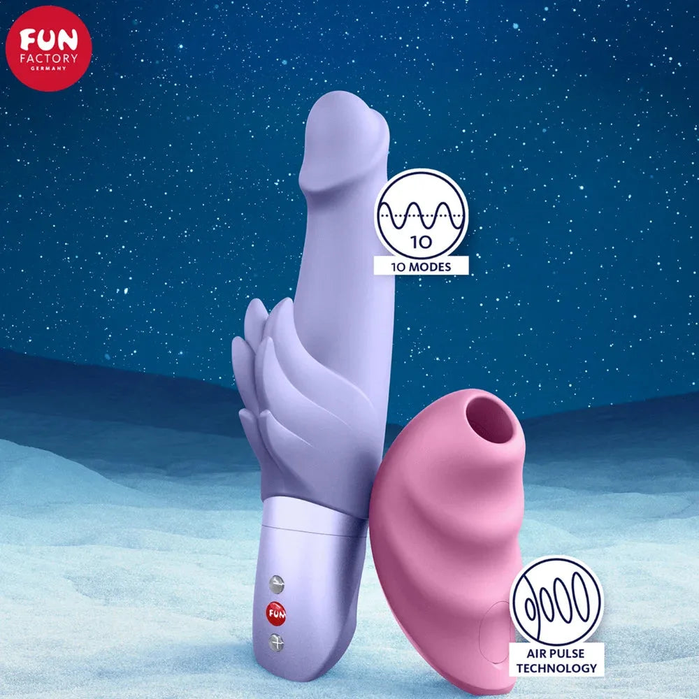 Vibromasseur silicone violet et stimulateur rose, 10 modes, technologie air pulse, plaisir intime innovant.