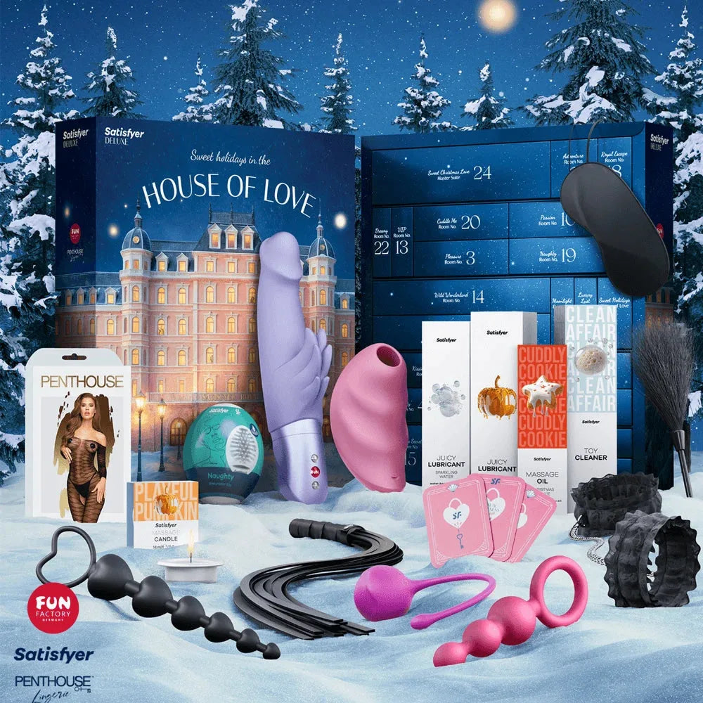 Coffret de l’Avent érotique avec sextoys variés, lubrifiants gourmands et accessoires coquins pour des fêtes sensuelles.