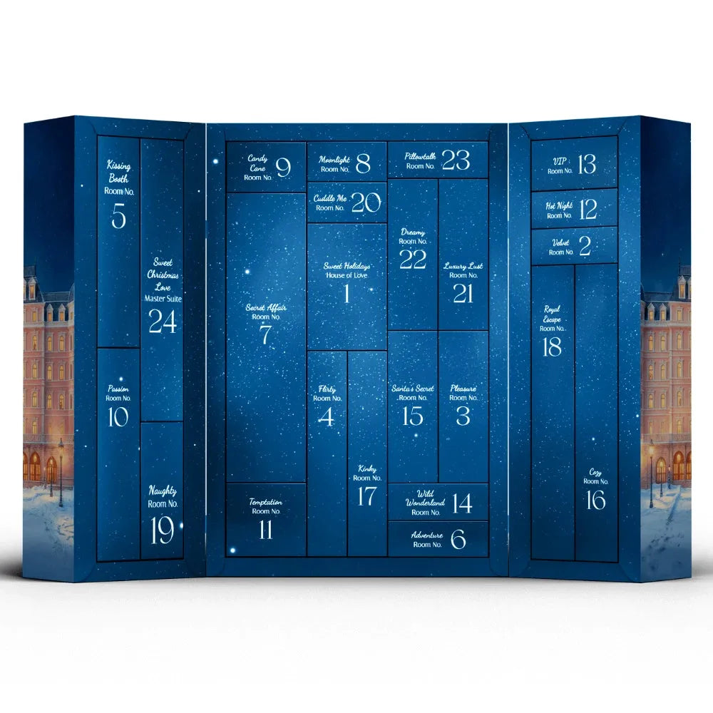 Calendrier de l'avent intime bleu, découverte de produits érotiques pour des moments de plaisir quotidien jusqu'à Noël.