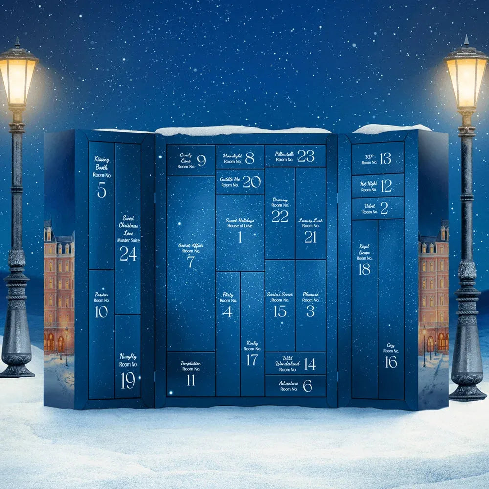 Calendrier de l'avent érotique bleu, découverte de jouets intimes et accessoires excitants pour une saison festive sensuelle.