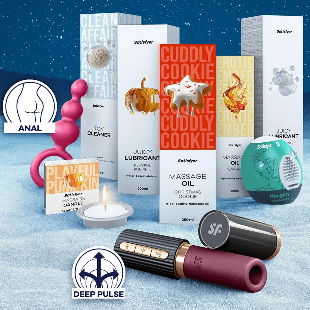 Ensemble intime Satisfyer : boules anales, bougie massage, lubrifiant citrouille, huile massage cookie, jouet intense.