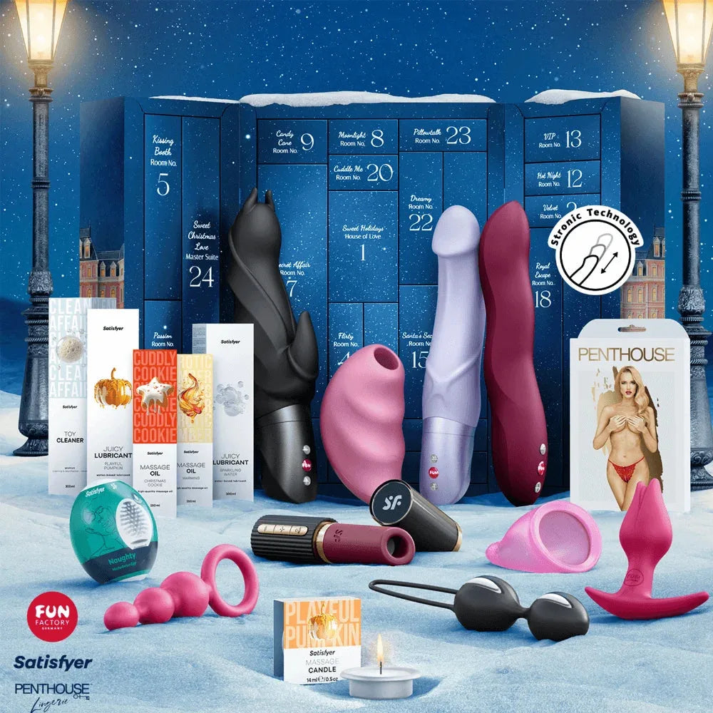 Calendrier de l'avent sexy avec sextoys variés, lubrifiants, bougie de massage et lingerie Penthouse, ambiance hivernale.