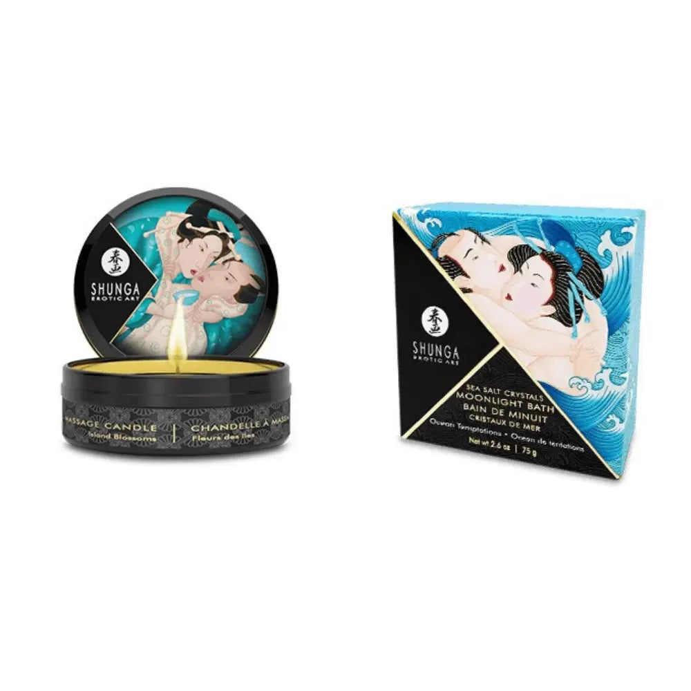 Chandelle de massage fleur de cerisier et cristaux de bain Shunga pour moments intimes érotiques et sensuels.