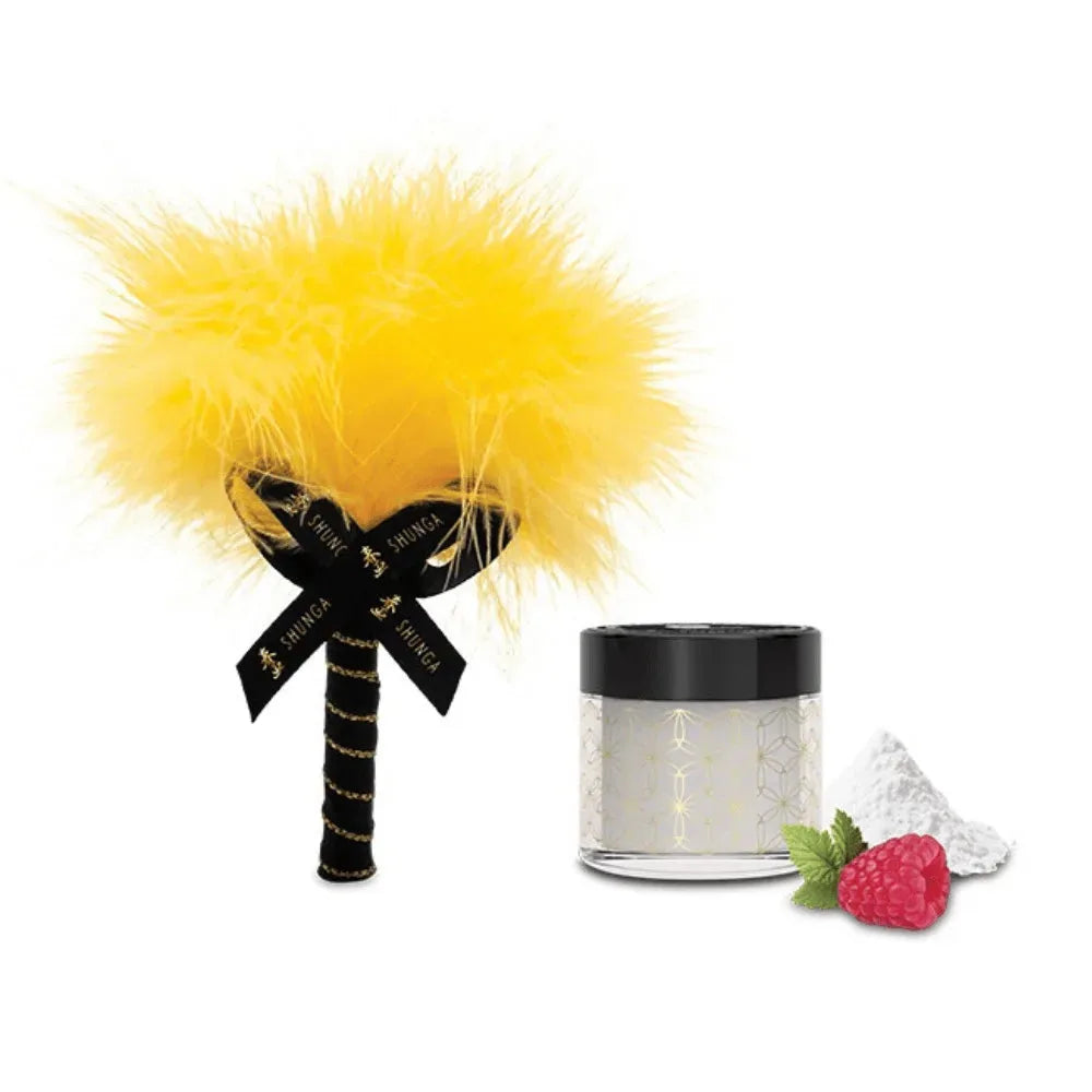 Poudre érotique framboise avec plumeau jaune élégant pour massages sensuels.