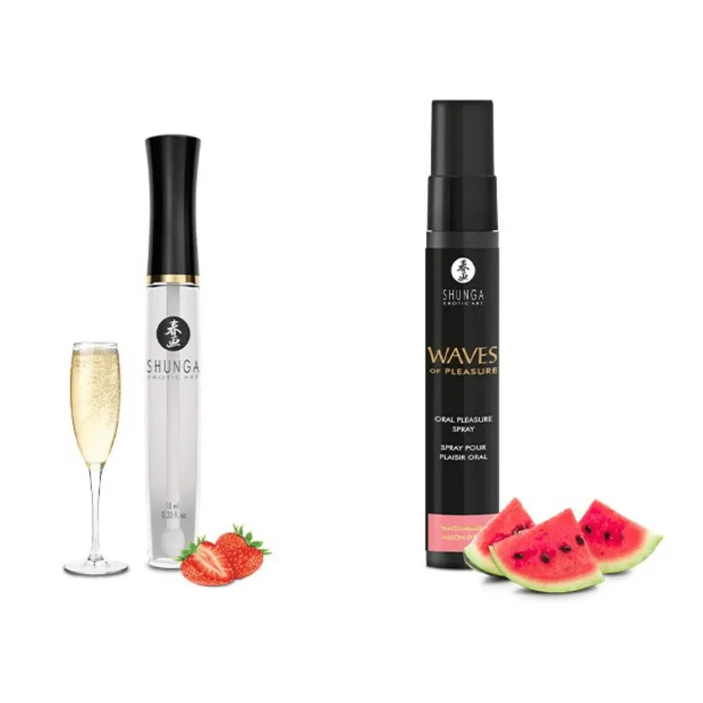 Spray plaisir oral goût fraise champagne, lubrifiant sensation melon d'eau, produits intimes gourmands pour moments sensuels.