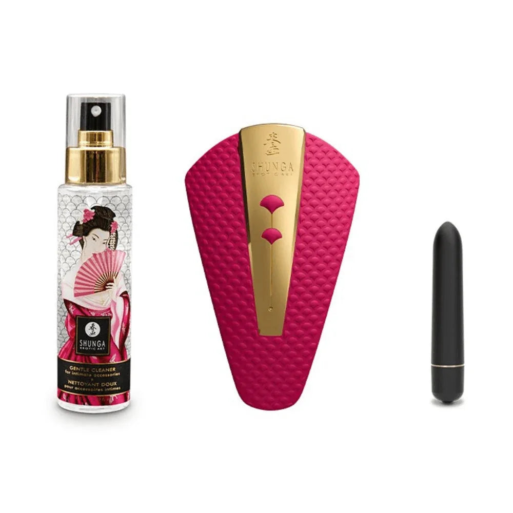 Nettoyant intime Shunga avec vibromasseur discret noir et élégant étui rose texturé pour moments sensuels raffinés.