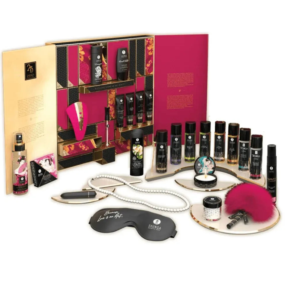 Calendrier de l’Avent érotique avec huiles sensuelles, jouets intimes et accessoires Shunga pour explorer vos plaisirs.