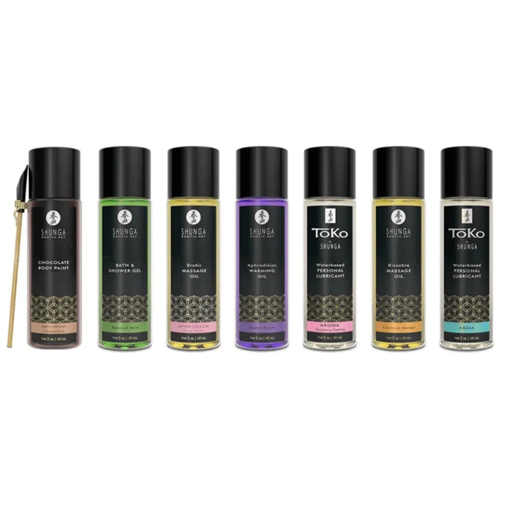 Huile de massage aphrodisiaque et peinture corporelle chocolat Shunga, gel douche intime et lubrifiant personnel.