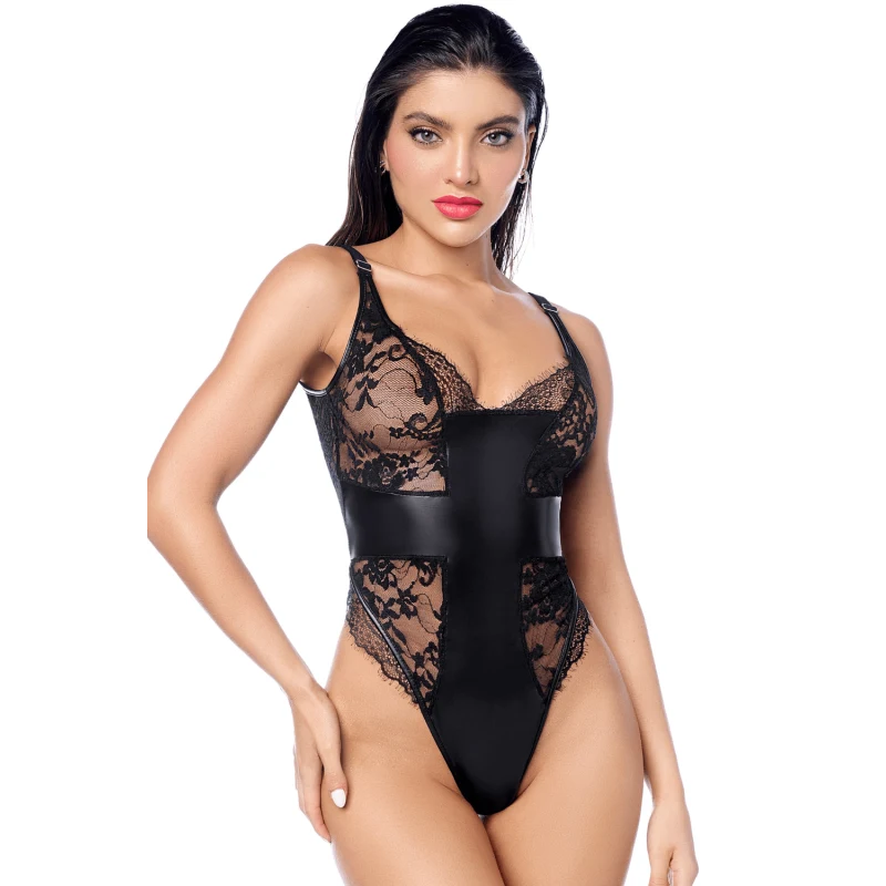 Body sexy noir dentelle &amp; similicuir