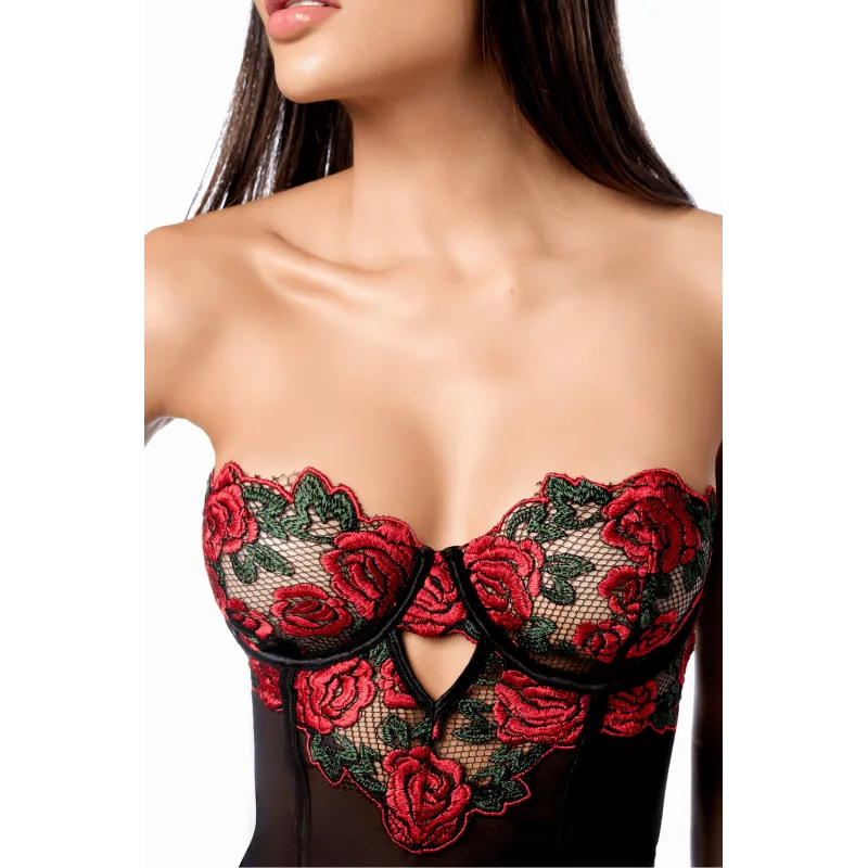 Babydoll sexy à armatures Mapalé broderie roses et string
