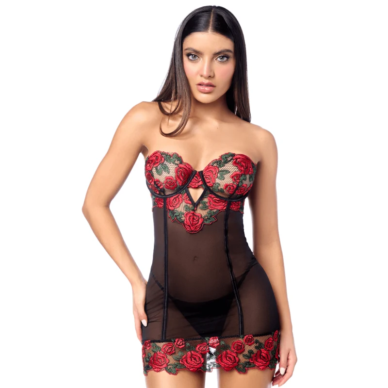 Babydoll sexy à armatures Mapalé broderie roses et string