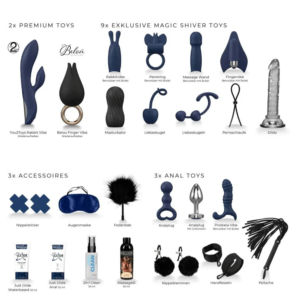 Ensemble de sextoys premium avec vibromasseur, anneau vibrant et accessoires coquins bleu nuit.