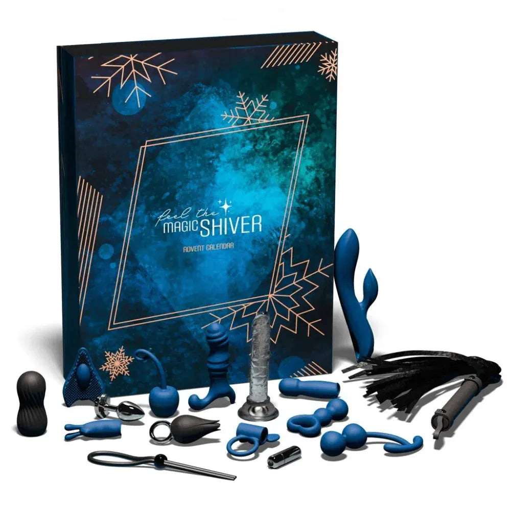 Calendrier de l'Avent érotique avec jouets intimes variés et accessoires en bleu. Idéal pour des moments sensuels excitants.