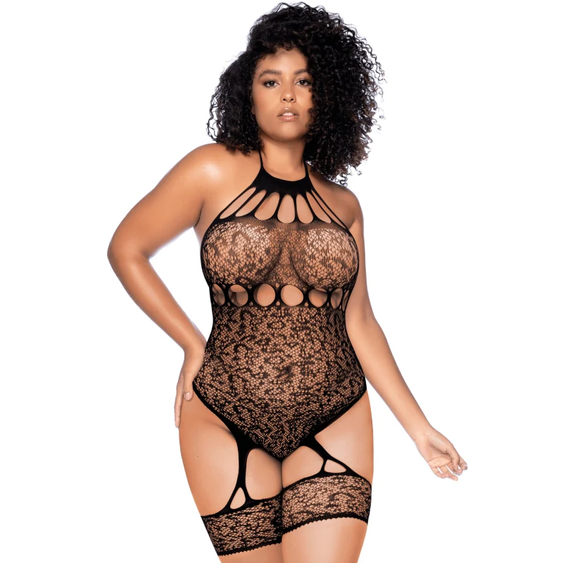 Body grande taille en résille léopard noir à tour de cou et jarretières intégrées - Mapalé