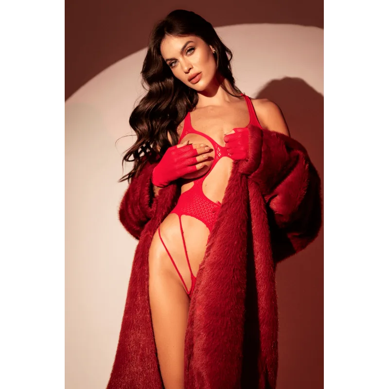 Body en résille rouge, seins nus avec gants assortis - Mapalé