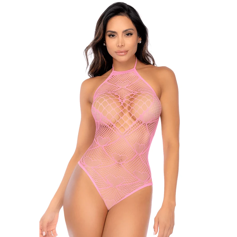 Body rose en résille à motif cœur - Mapalé