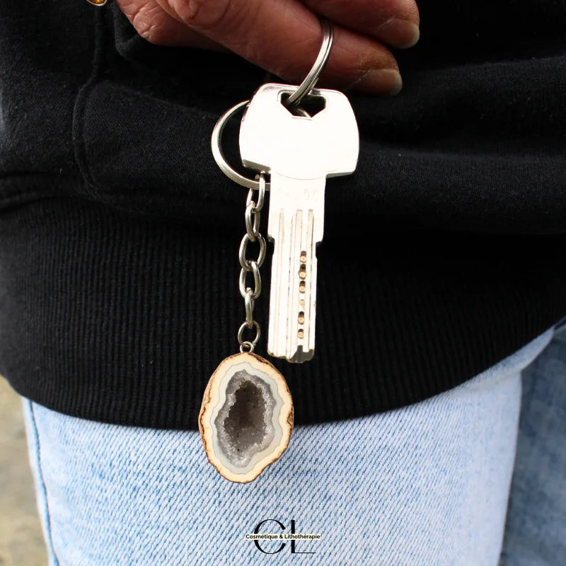 Porte-clefs avec pierre naturelle Géode Agate brute 3cm