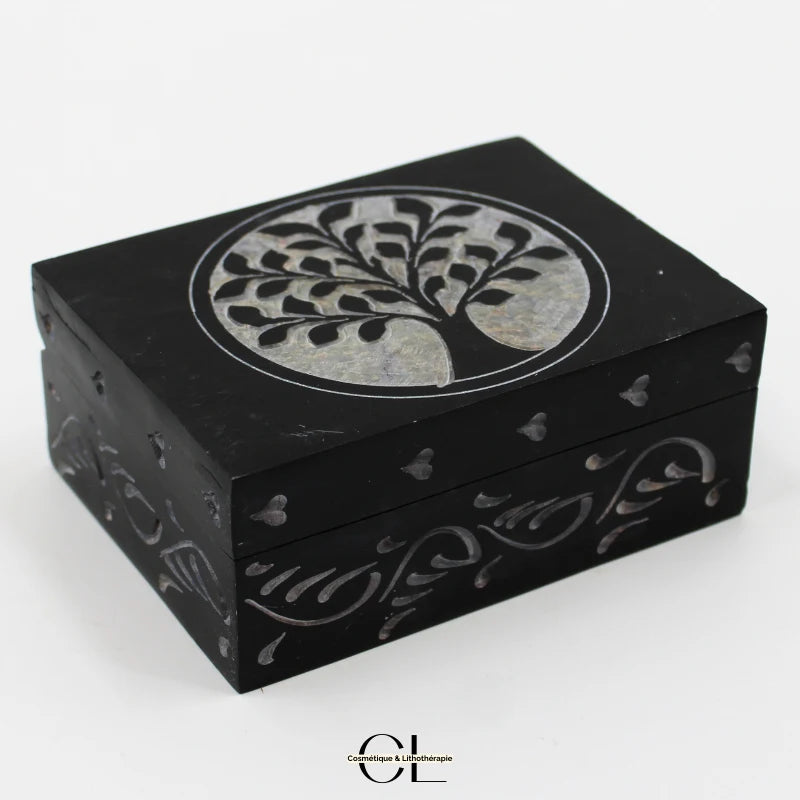 Boîte à bijoux en pierre Saponite rectangle Arbre de Vie 10cm