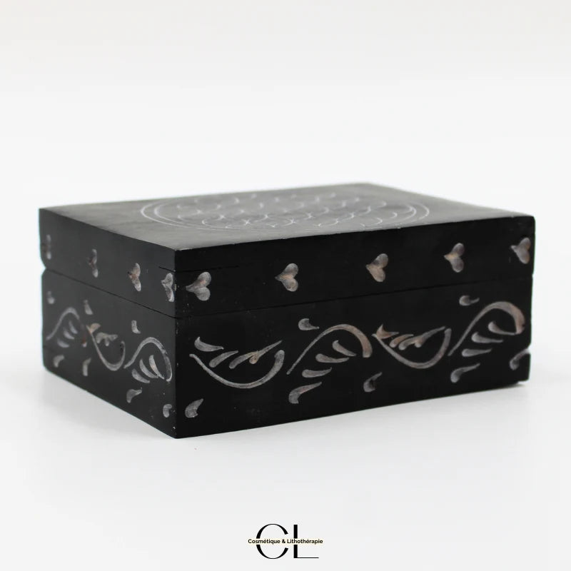 Boîte à bijoux en pierre Saponite rectangle Fleur de Vie 10cm