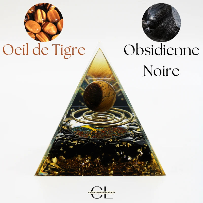 Orgonite pyramide Oeil de Tigre et Obsidienne Noire Arbre de Vie  Spirale