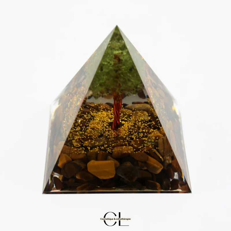 Orgonite pyramide Oeil de Tigre  Péridot Arbre de Vie