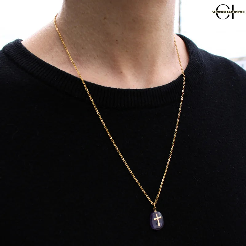 Collier chaine en acier inoxydable doré  avec pierre Améthyste A et Croix