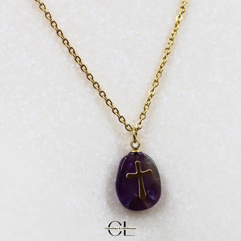 Collier chaine en acier inoxydable doré  avec pierre Améthyste A et Croix