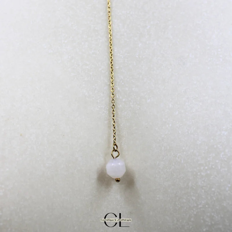 Collier chaine plume doré en forme Y  en acier inoxydable avec pierre Quartz Rose A 8mm